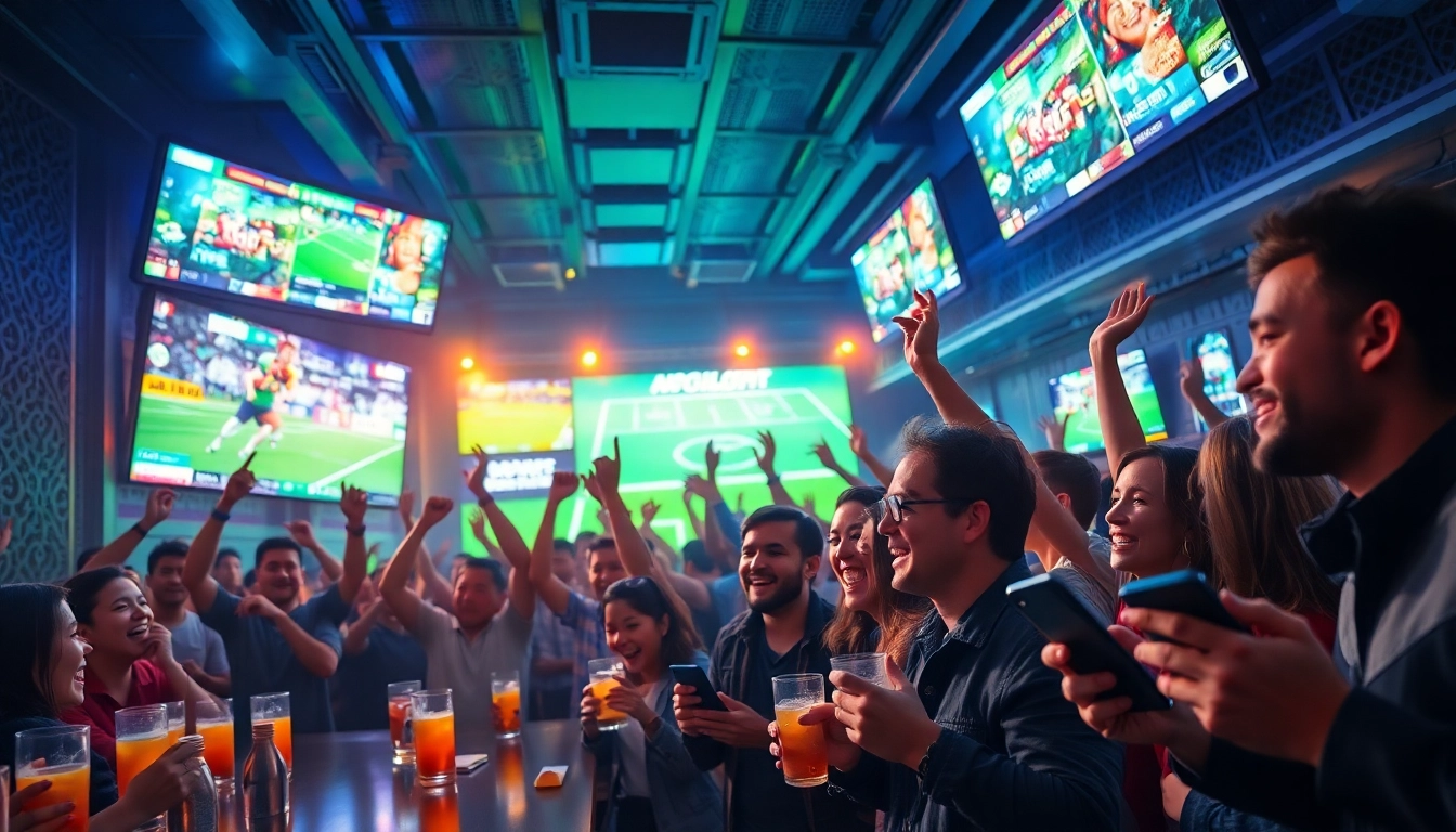 Cheering crowd enjoying the excitement of sports betting at Nohu 90 sports bar.