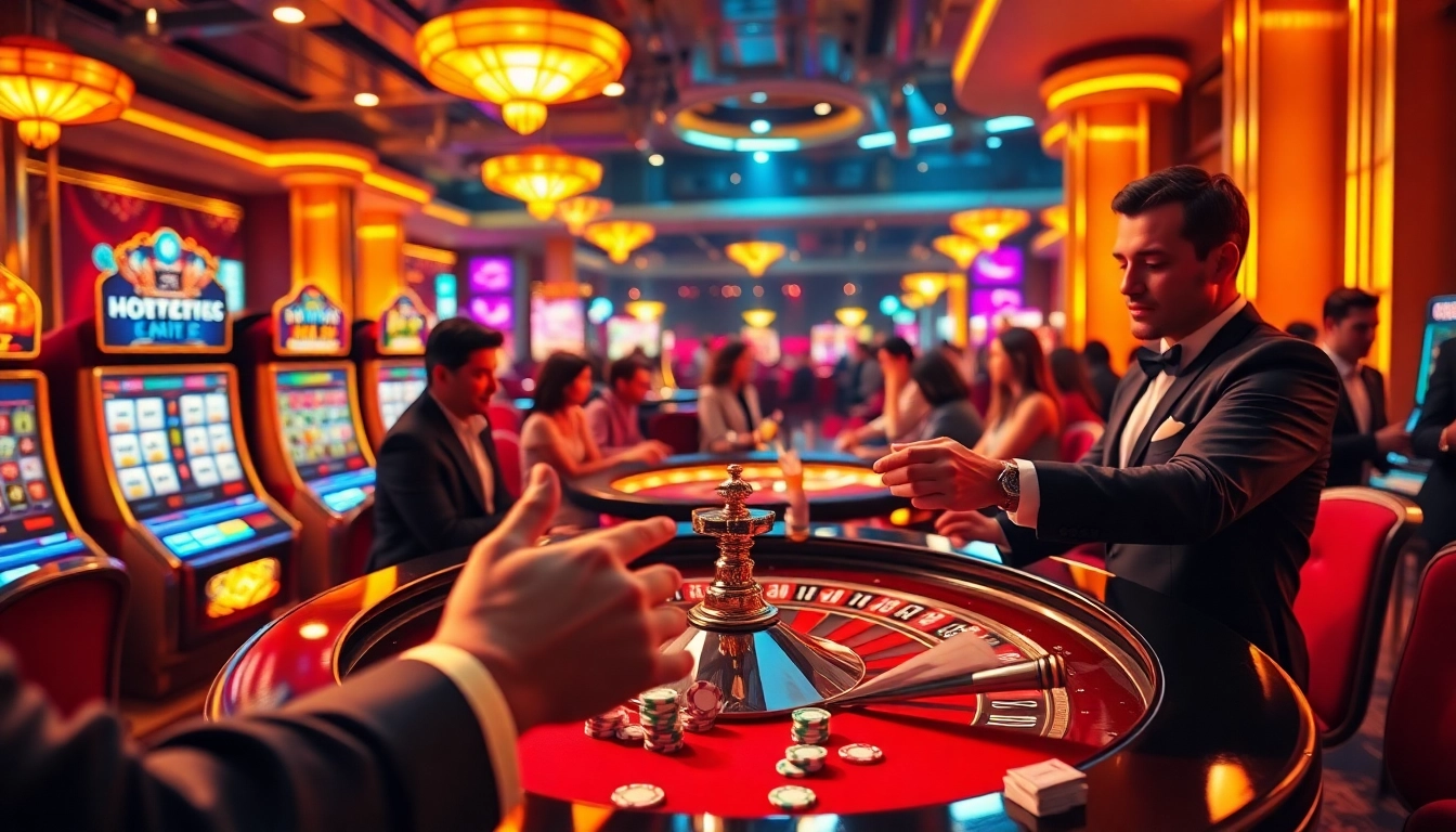 Experience the excitement of rr88 đăng nhập at a dazzling casino, with players at a roulette table and vibrant slot machines.