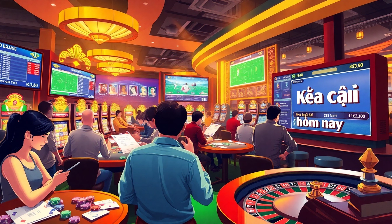 View of enthusiastic gamblers analyzing kèo nhà cái hôm nay at a lively casino sports betting section.