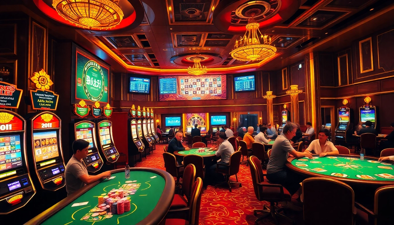 Engage in thrilling casino gaming at Bong Da Lu Fun with vibrant slot machines and poker tables.