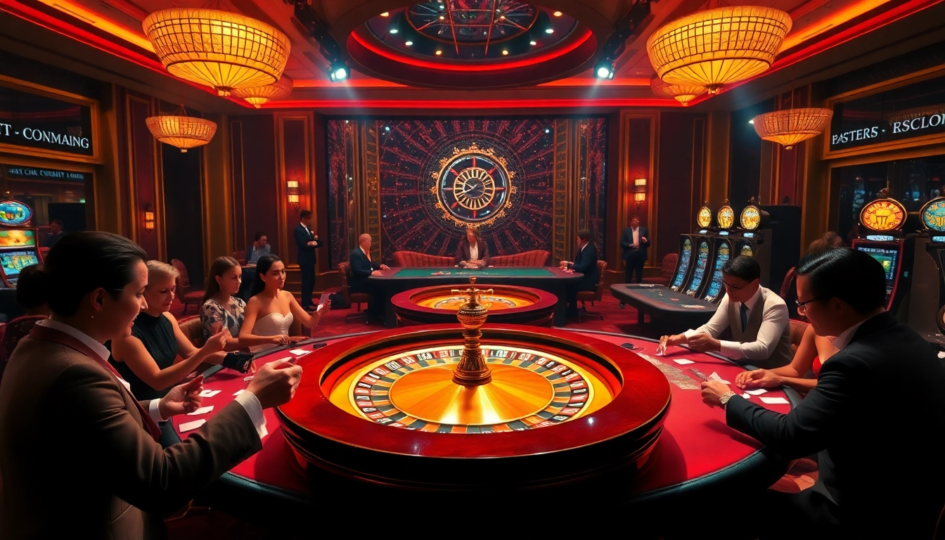A lively casino scene with a roulette wheel and poker players using unfiltered ai for optimal betting strategies.
