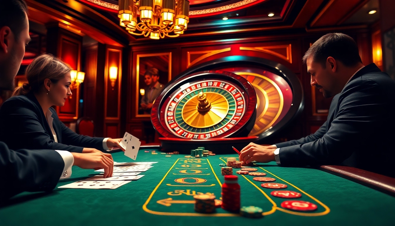 Players experiencing the thrill of blackjack at https://shbet.cruises/, with vibrant casino ambiance and roulette wheel in view.
