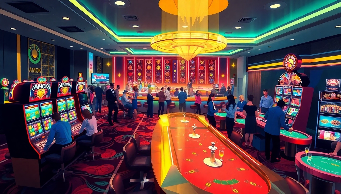 Enjoy the lively atmosphere of Amok Casino with players at vibrant gaming tables.