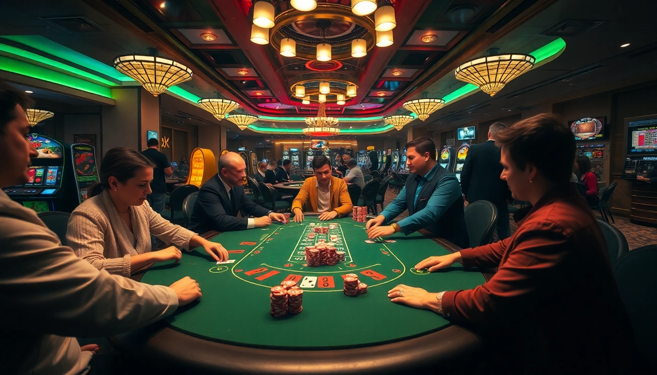 Experience the excitement of deneme bonusu veren siteler as players engage in a high-stakes poker game surrounded by vibrant casino decor.
