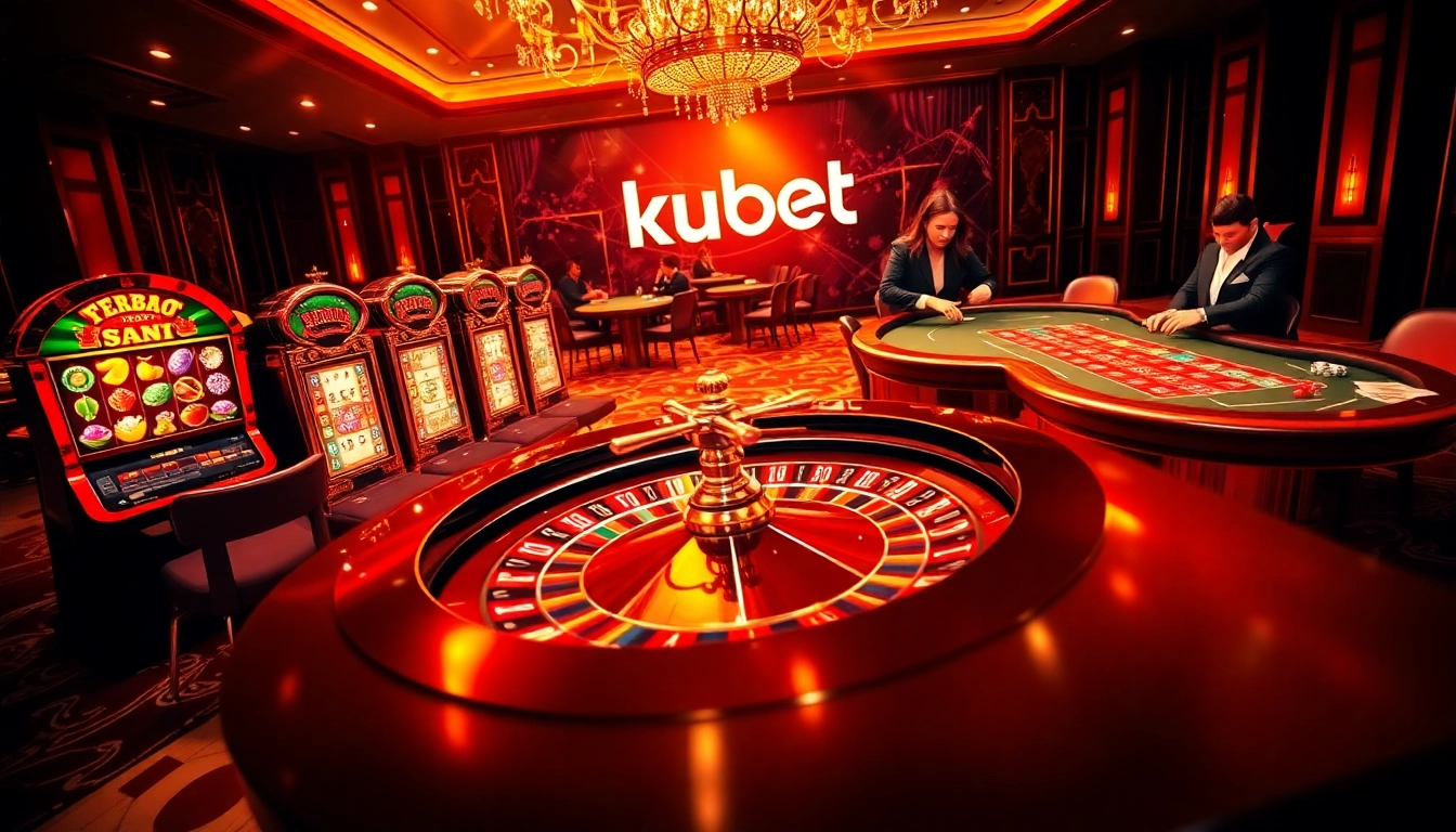 Experience the excitement at kubet casino with players at a roulette table surrounded by vibrant slot machines and poker action.