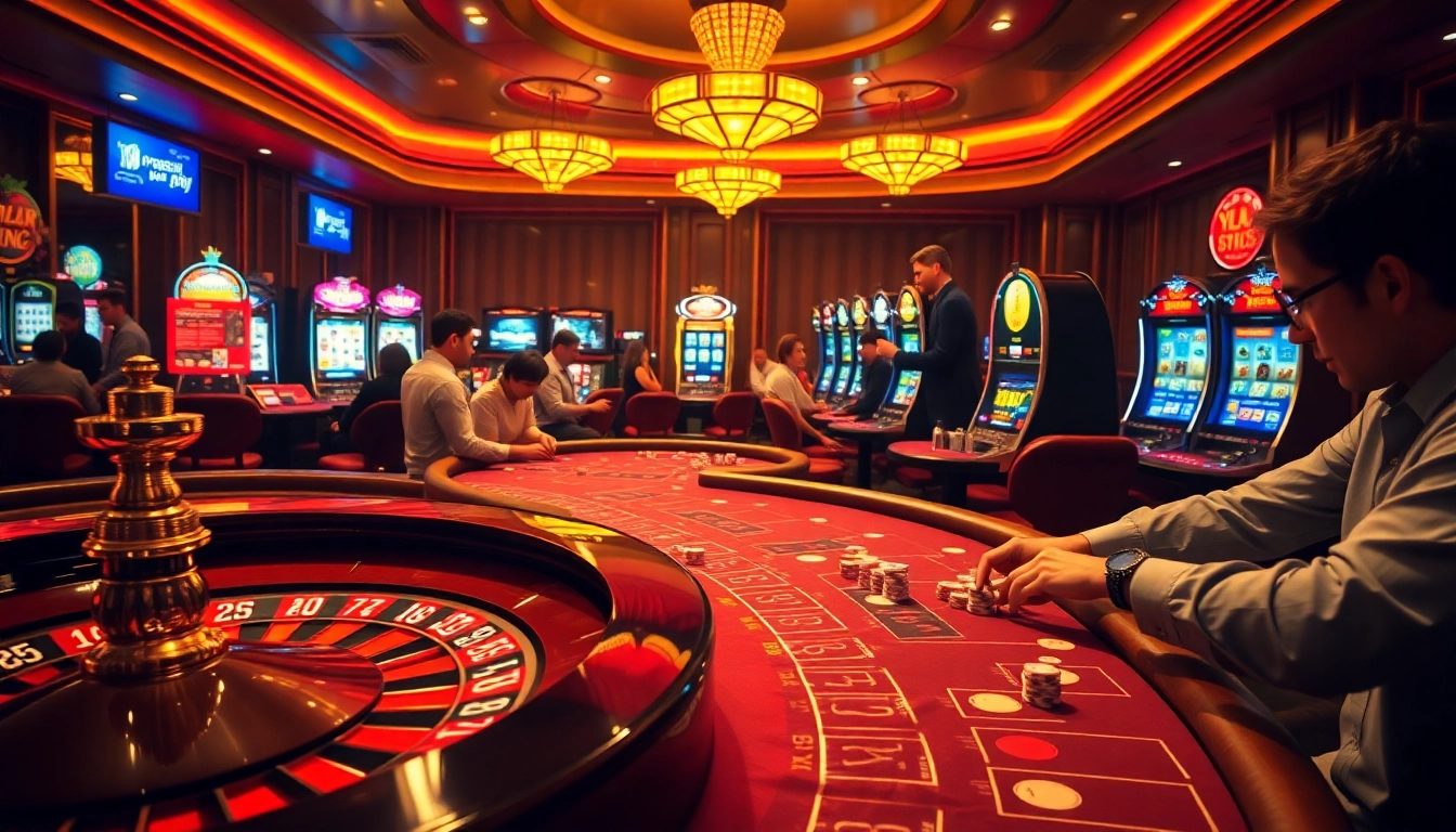 Experience the thrill of ku bet at a lively casino, featuring poker tables and glowing slot machines.