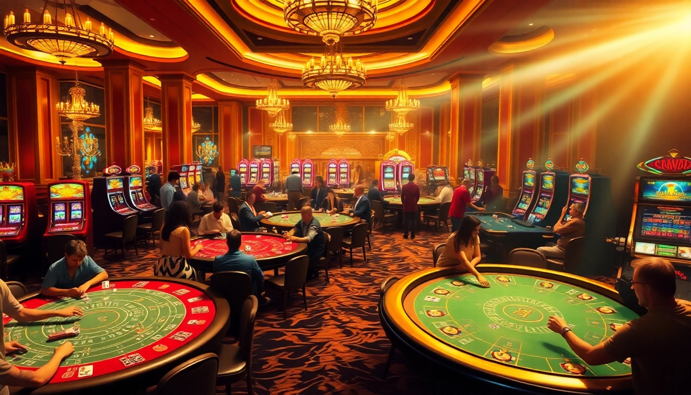 Experience the thrill of gaming at https://68gamebai.download/ with players engaged at vibrant casino tables.