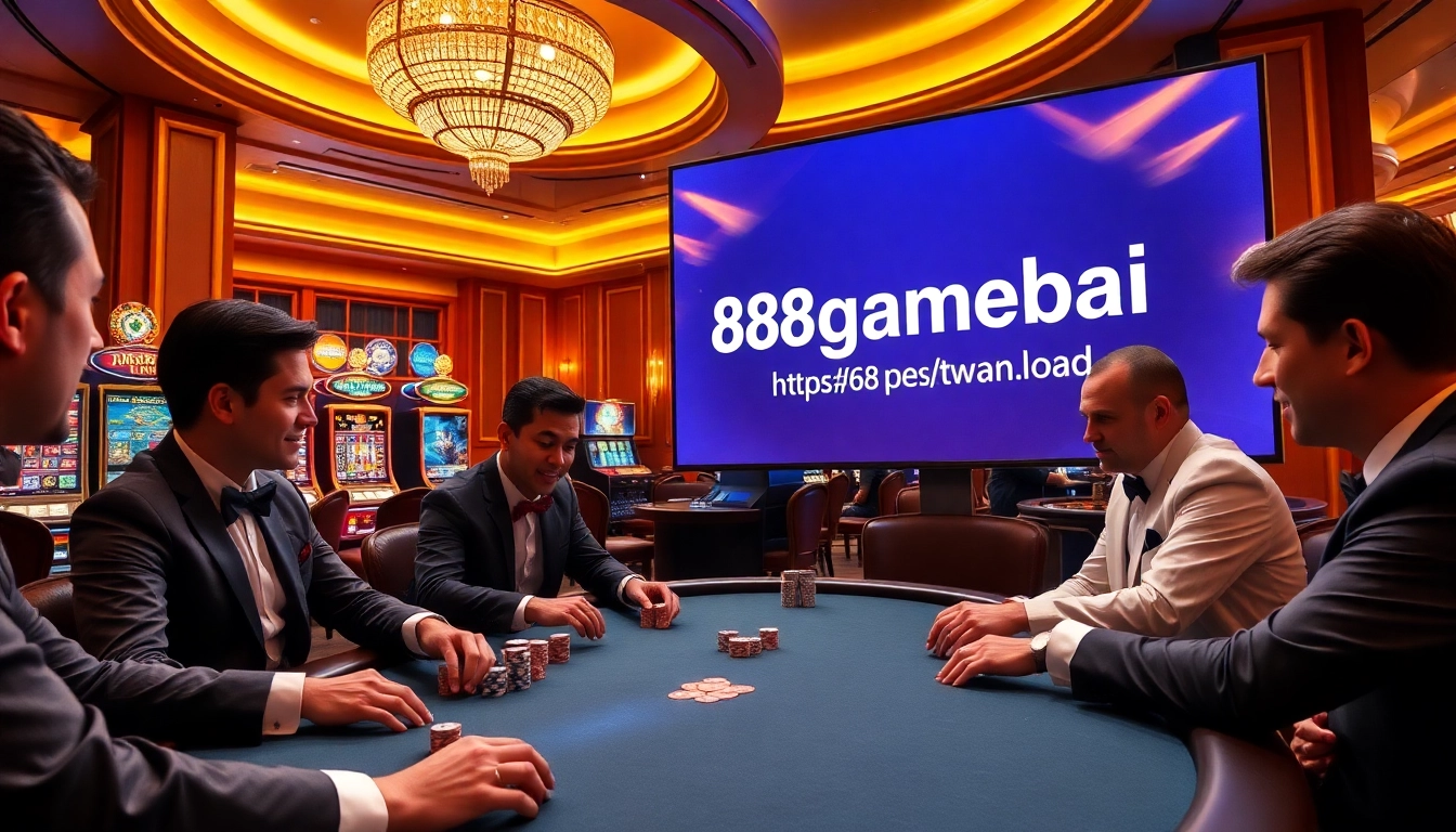 Players enjoying high-stakes poker in a vibrant casino, featuring https://68gamebai.download/ for exciting online gaming options.