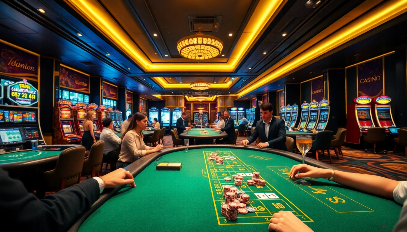 Players enjoying poker and roulette at nhà cái uy tín nhất, in a stunning casino atmosphere.