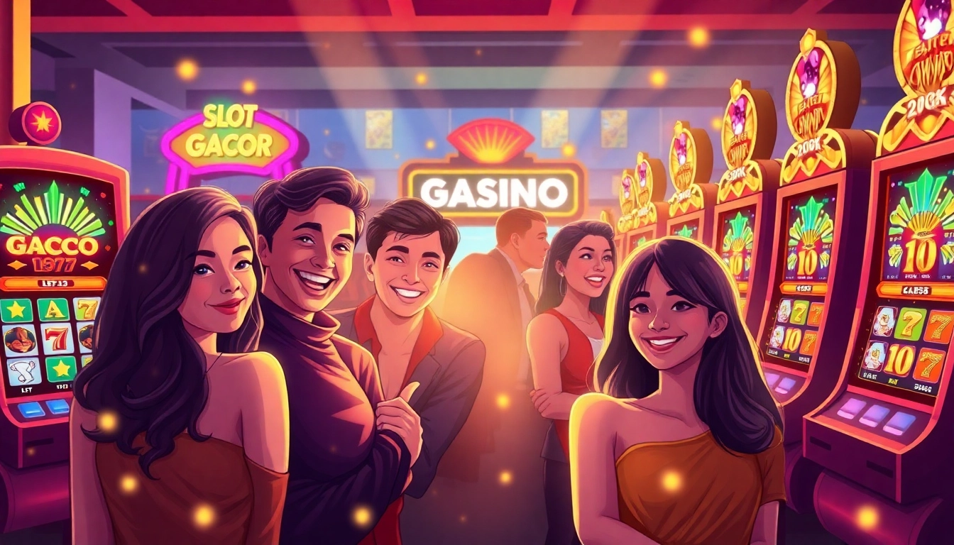 Excited players celebrating wins at vibrant Slot Gacor machines in an online casino setting.