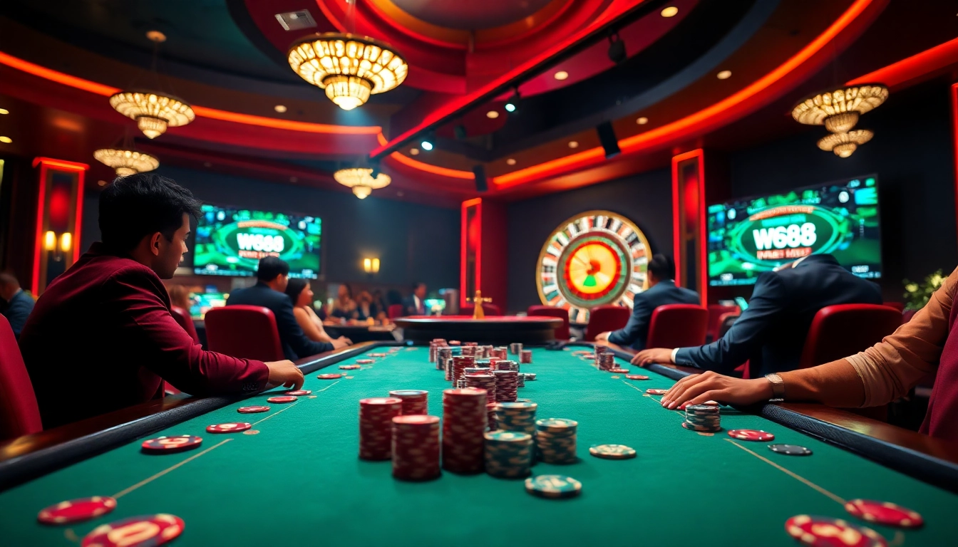 Experience the thrill at trang chủ WW88 with poker players betting on a vibrant table.