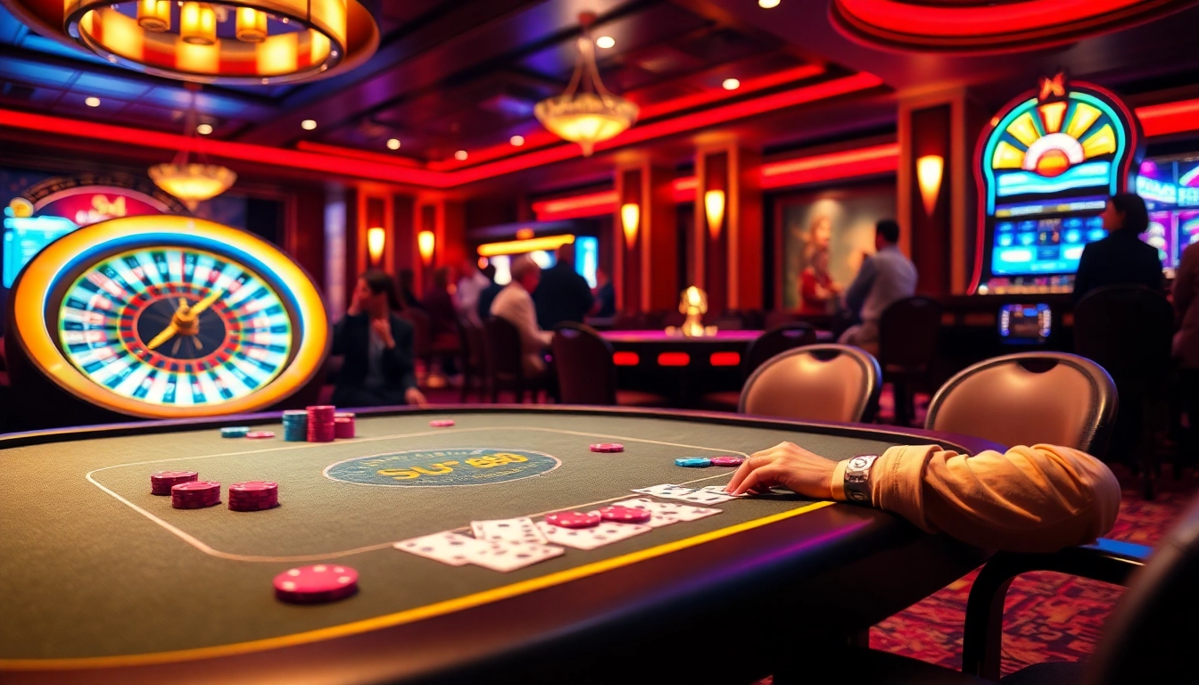 SUT88 ĐĂNG NHẬP at a luxurious casino poker table showcasing vibrant chips and cards amidst excitement.