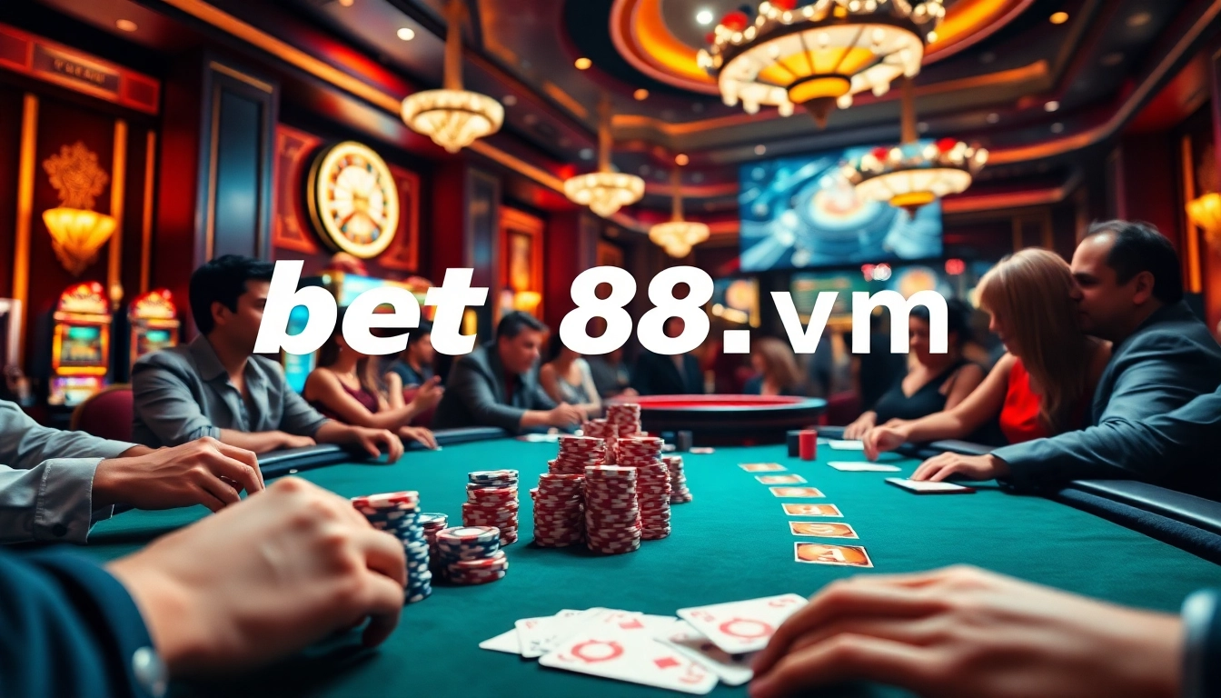 A thrilling poker game scene at bet88vn.locker with vibrant poker chips, cards, and an elegant casino atmosphere.
