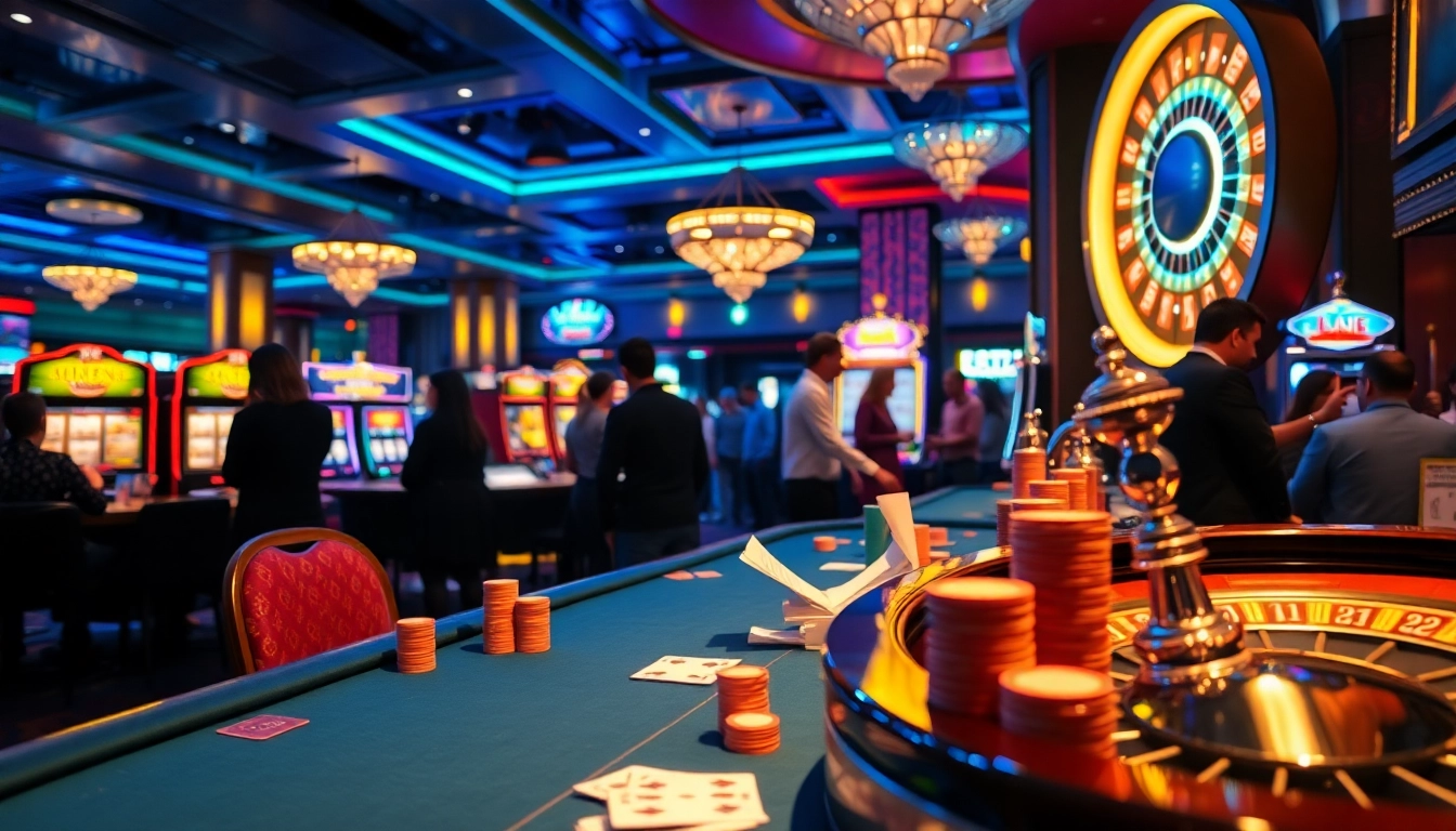Players engage in a thrilling chat +18 conversation at a vibrant casino poker table, surrounded by exciting slot machines and roulette action.