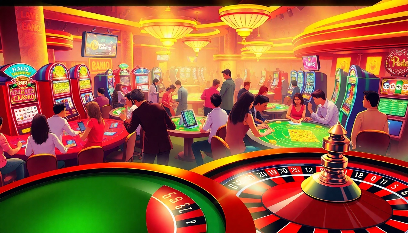 Intense gambling scene at BJ88 thomo casino; players enjoying lively card and slot games.