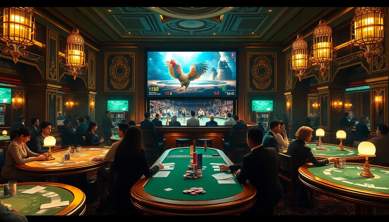 Experience the excitement of alo789 đá gà at a vibrant casino, featuring live cockfighting bets.