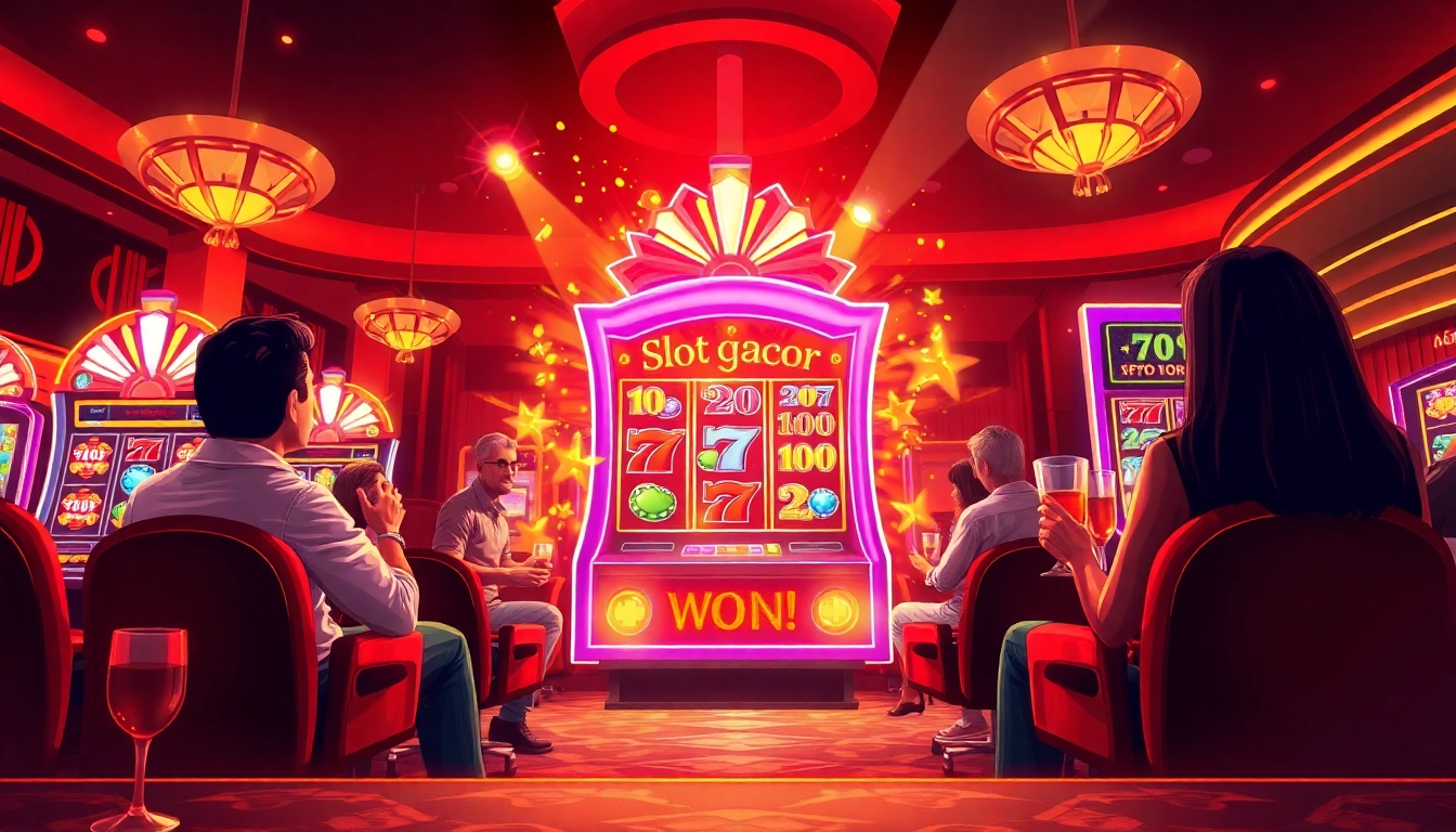 Enthusiastic players enjoying the Slot gacor machine in a lively casino scene.