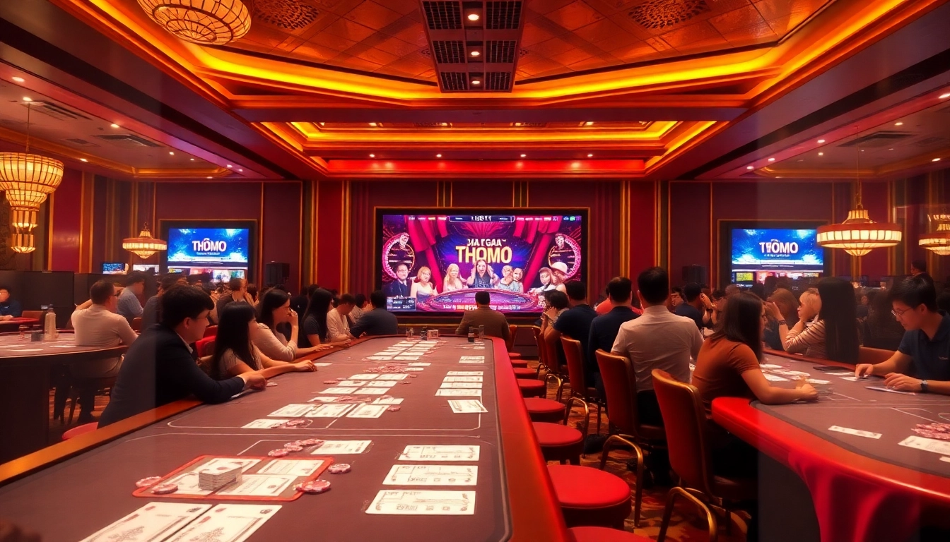 Enjoy riveting xem đá gà thomo action at a bustling casino setting, highlighting live betting excitement and gamblers.