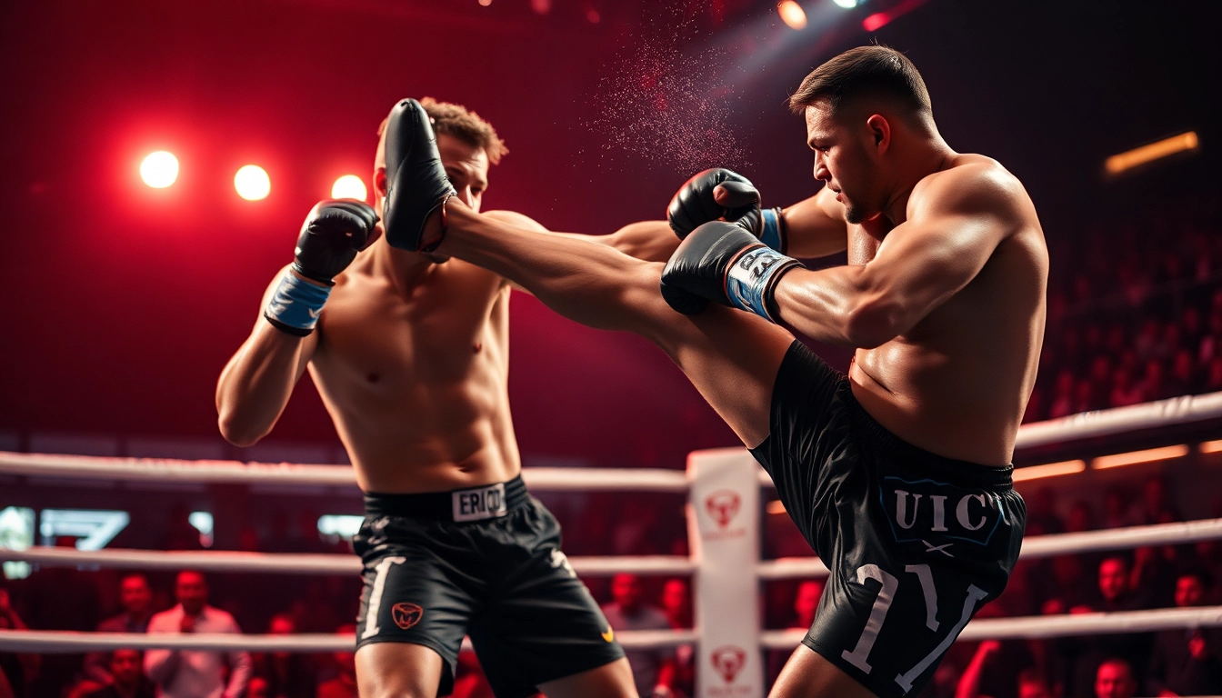 Catch the action of MMA betting as a fighter delivers a powerful kick in a thrilling cage match.